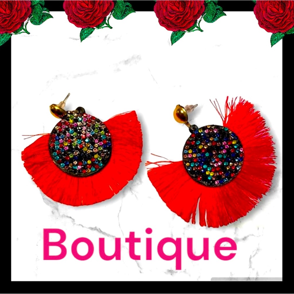 Dazzling Red Fringe half moon Fashion Earrings w goldtone stud Bling rhinestone